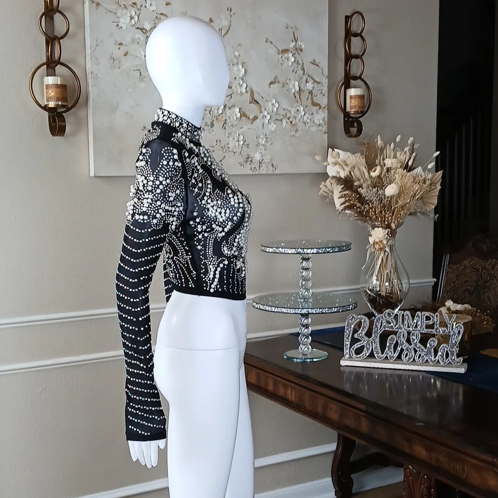Banjul Black Beaded Long-Sleeve Crop Sheer Cocktail Mock Neck Top. Size M - Picture 6 of 17